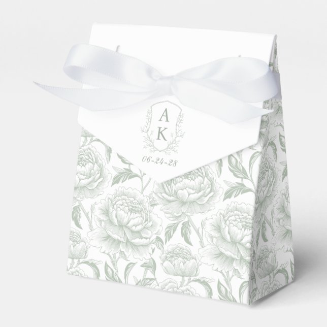 Sage Green Monogram Crest Chinoiserie Peonies Favor Box (Front Side)
