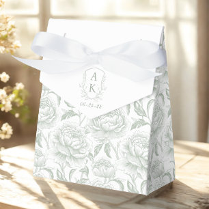 Sage Green Monogram Crest Chinoiserie Peonies Favor Box