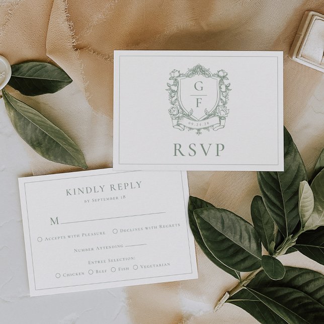 Sage Green Monogram Crest French Roses Wedding RSVP Card (Creator Uploaded)
