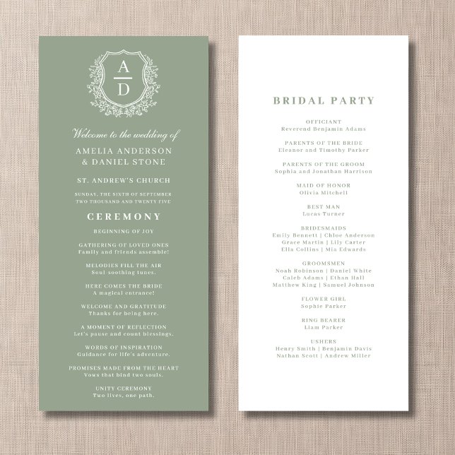 Sage Green Monogram Crest Wedding Program (Creator Uploaded)