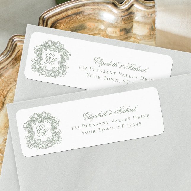 Sage Green Monogram Crest Wedding Return Address (Creator Uploaded)