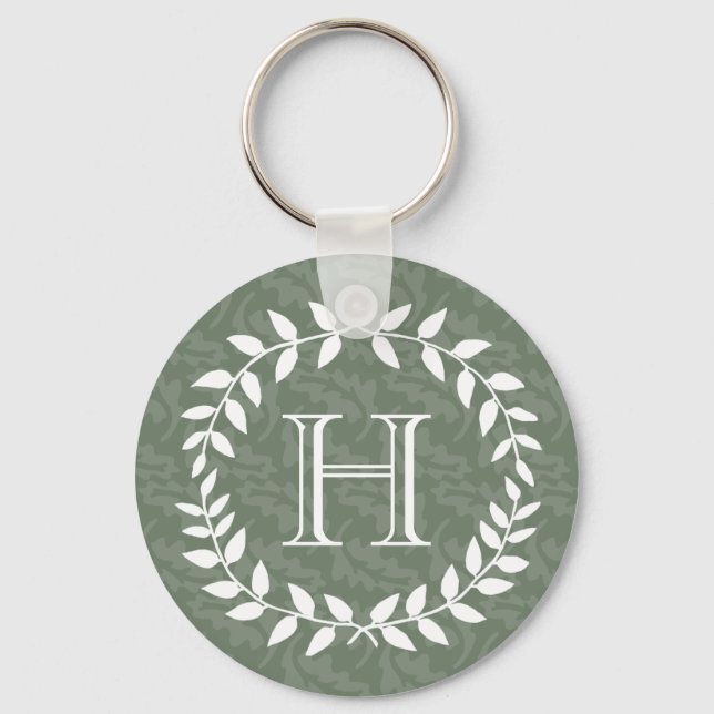 Sage Green Monogram Elegant Modern Foliage Wreath Keychain (Front)