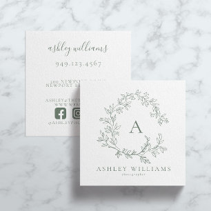 Sage Green Monogram Floral Crest Professional Square Business Card