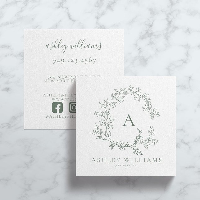 Sage Green Monogram Floral Crest Professional Square Business Card (Creator Uploaded)