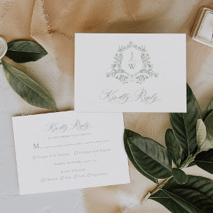 Sage Green Monogram Floral Crest Wedding RSVP Card