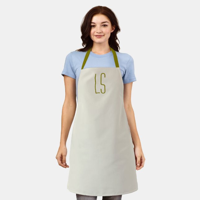 Sage green monogram initial simple apron (Worn)