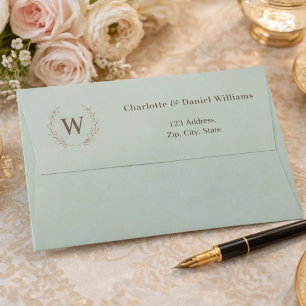 Sage green monogram initial wreath return address envelope