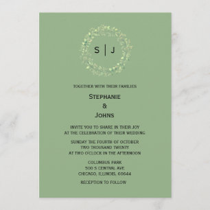 Sage Green Monogram Leaf Crest Elegant Wedding Invitation