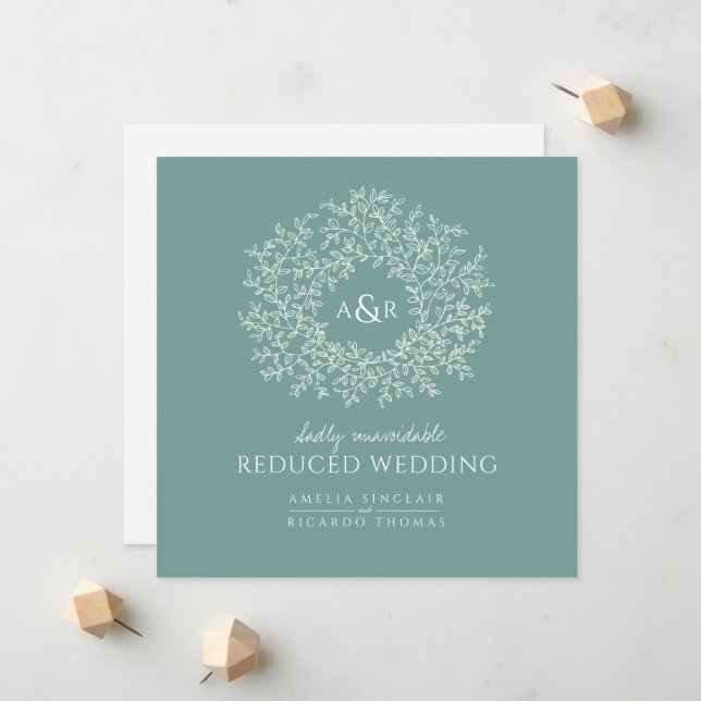 Sage green monogram leaves smaller wedding announcement (Front/Back In Situ)