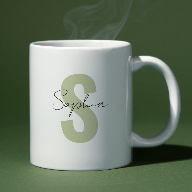Sage Green Monogram Letter Calligraphy Name Coffee Mug (Creator Uploaded)