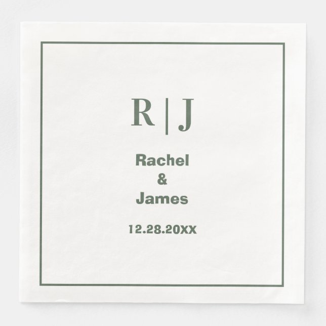 Sage Green Monogram Minimal Elegant Modern Wedding Napkin (Front)