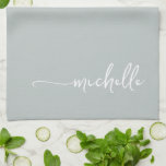 Sage Green Monogram Name Gold Calligraphy Script Kitchen Towel<br><div class="desc">Minimalist Modern Elegant Sage Green Monogram Name Signature Script Custom Personalized Kitchen Towel. Featuring custom name in a hand lettered swash tail font calligraphy (or typography) on sage green or dusty green colour background. These are easy to customize it. Great stylish feminine housewarming gift, mother’s day, wedding, also for birthday,...</div>