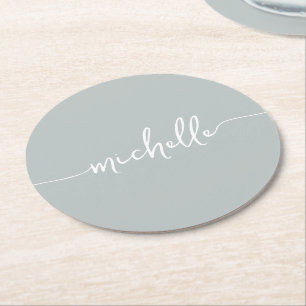 Sage Green Monogram Name Script Signature Round Paper Coaster