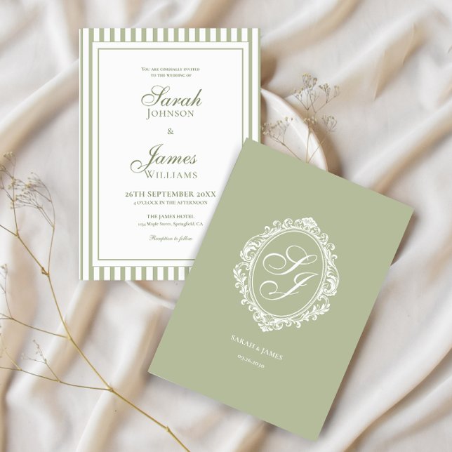 Sage Green Monogram Old Money Wedding Invitation (Creator Uploaded)