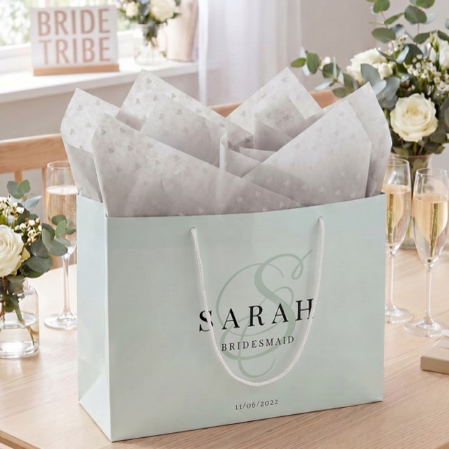 Sage Green Monogram Personalized Bridesmaid Large Gift Bag (Creator Uploaded)