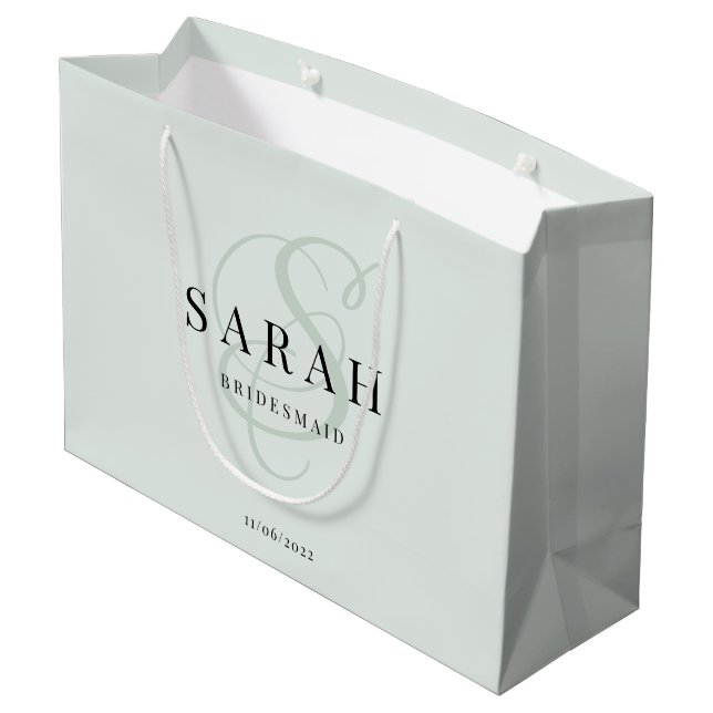 Sage Green Monogram Personalized Bridesmaid Large Gift Bag (Back Angled)