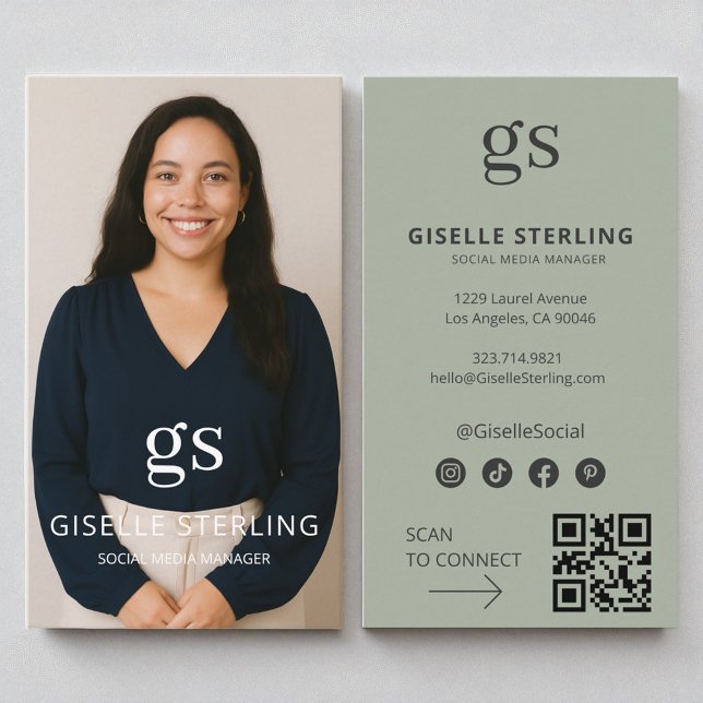 Sage Green Monogram Photo Social Media QR Code Business Card (Creator Uploaded)