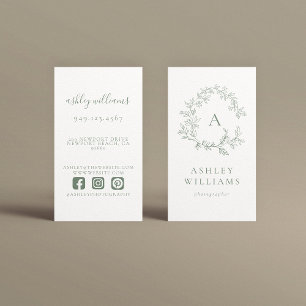 Sage Green Monogram Professional Floral Crest Business Card