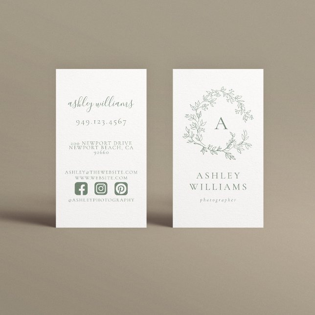 Sage Green Monogram Professional Floral Crest  Business Card (Creator Uploaded)