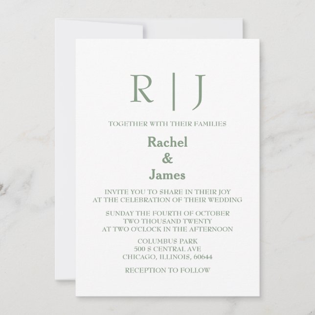 Sage Green Monogram QR Code Classy Minimal Wedding Invitation (Front)