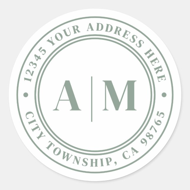 Sage Green Monogram Return Address Classic Round Sticker (Front)