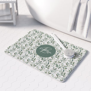 Sage Green Monogram Rustic Olive Pattern Bath Mat
