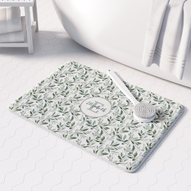 Sage Green Monogram Rustic Olive Pattern Bath Mat (Creator Uploaded)