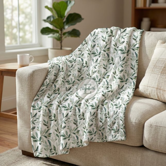 Sage Green Monogram Rustic Olive Pattern Fleece Blanket (Creator Uploaded)