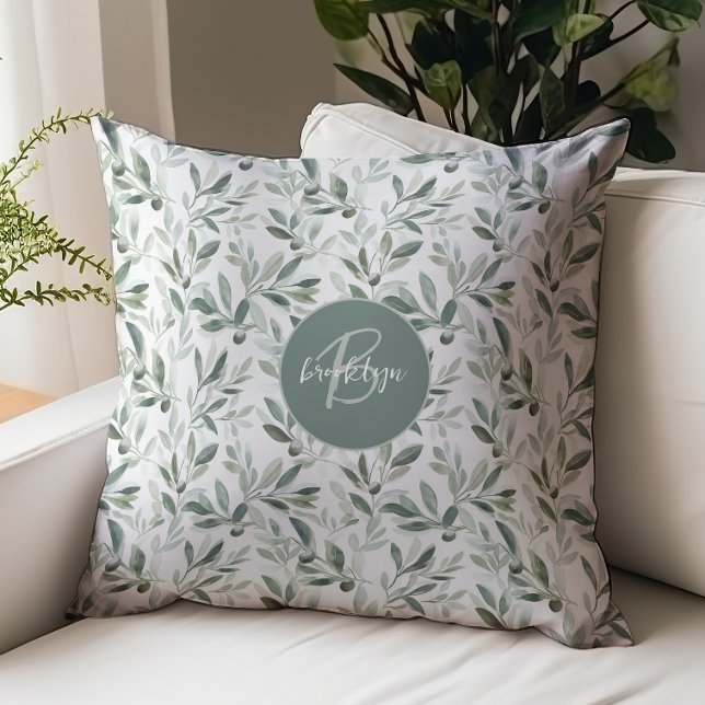 Sage Green Monogram Rustic Olive Pattern Throw Pillow (Creator Uploaded)