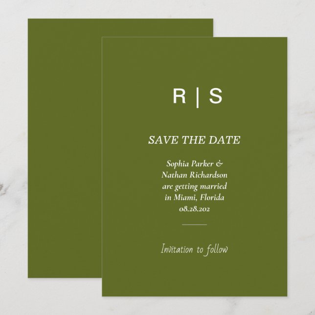 Sage Green Monogram Save the Date Card (Front/Back)