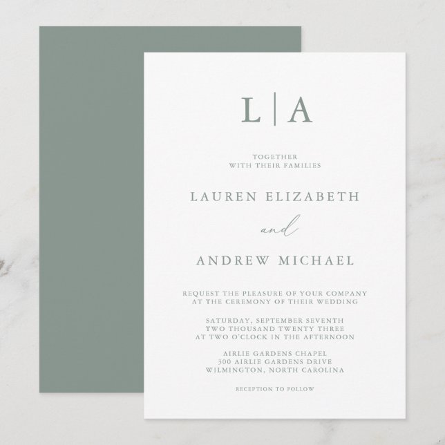 Sage Green Monogram Simple Minimalist Wedding Invi Invitation (Front/Back)
