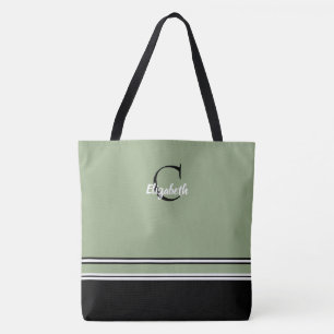 Sage Green Monogram Stripes Personalized  Tote Bag