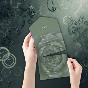sage green monogram succulent wedding all in one invitation