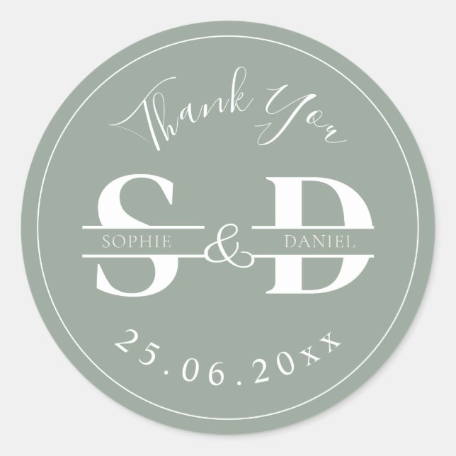 Sage Green Monogram Thank You Wedding Favours Classic Round Sticker (Front)