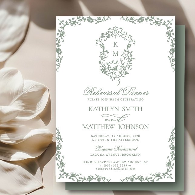 Sage Green Monogram Vintage Rehearsal Dinner Invitation (Creator Uploaded)