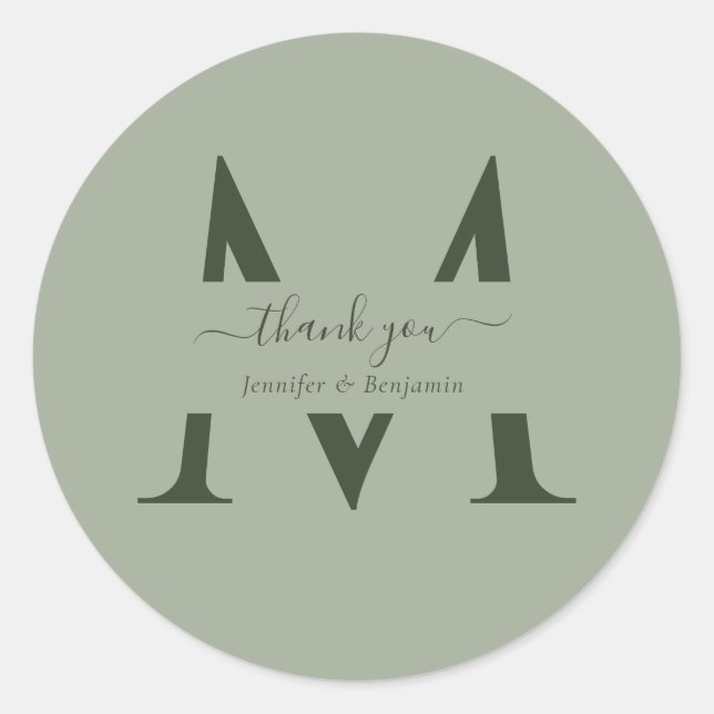 Sage Green Monogram Wedding Favour Thank You Classic Round Sticker (Front)