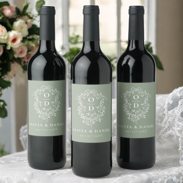 Sage Green Monogram Wedding Floral Crest Wine Label (Creator Uploaded)