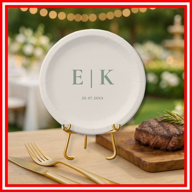 Sage Green Monogram Wedding  Paper Plate (Creator Uploaded)