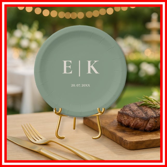 Sage Green Monogram Wedding  Paper Plate (Creator Uploaded)
