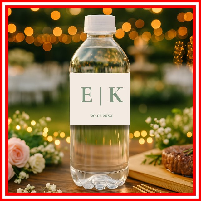 Sage Green Monogram Wedding Water Bottle Label (Creator Uploaded)