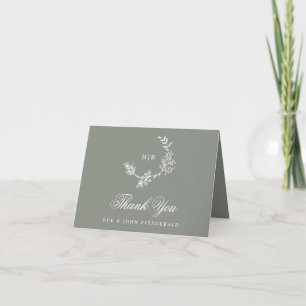 Sage Green Monogram Wreath Classic Photo Wedding Thank You Card
