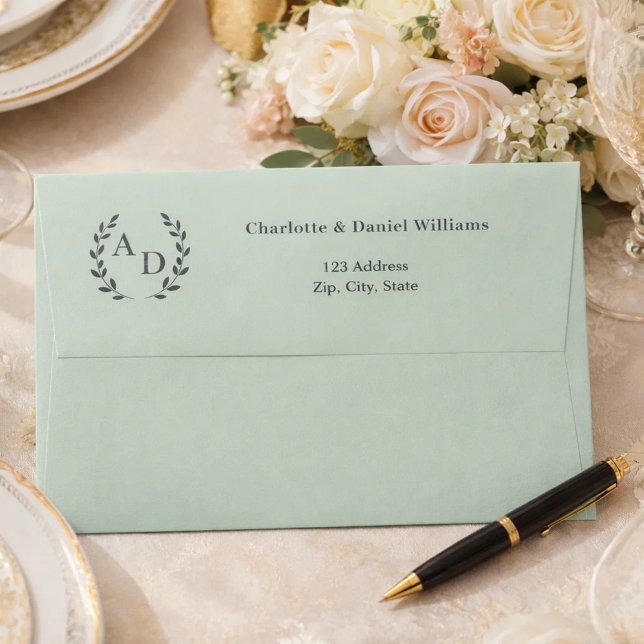 Sage green monogram wreath return address envelope (Creator Uploaded)