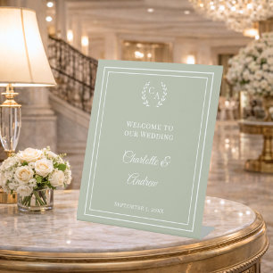 Sage green monogrammed elegant wedding welcome pedestal sign