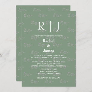 Sage Green Monograms QR Code Leaf Patterns Wedding Invitation