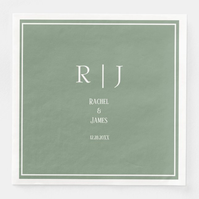 Sage Green Monograms Simple Elegant Modern Wedding Napkin (Front)