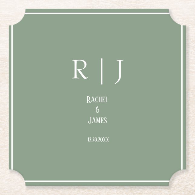 Sage Green Monograms Simple Elegant Modern Wedding Paper Coaster (Front)