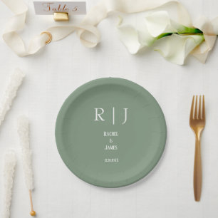 Sage Green Monograms Simple Elegant Modern Wedding Paper Plate