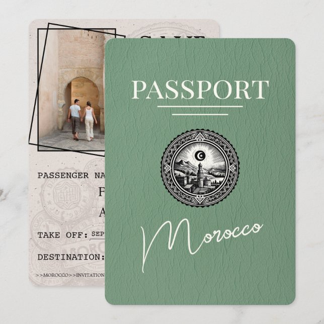 Sage Green Morocco Passport Save The Date (Front/Back)