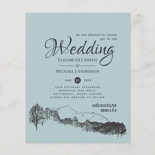 Sage Green Mountain Adventure Wedding Budget Flyer (Front)