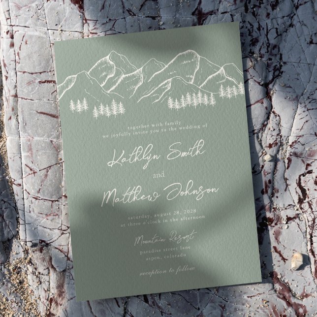 Sage Green Mountain Pine Tree Minimalist Wedding Invitation (Creator Uploaded)